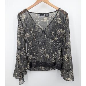 George Black Floral Mesh Bell Sleeve Blouse Size M 8/10 Goth Sheer Festival Top